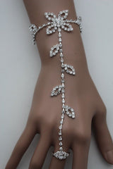Hot Silver Metal Hand Chain Bracelet Floral Leaf Flower Lace Rhinestones