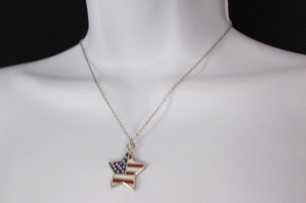 USA American Flag Star/Square/Heart Silver Metal Necklace + Matching Earring Set New Women - alwaystyle4you - 9