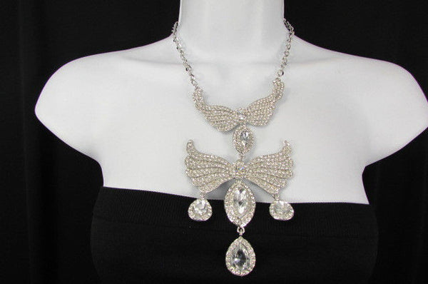 Metal Flying Wings Gold Silver Rhinestones Necklace + Earrings set New Women Fashion - alwaystyle4you - 7