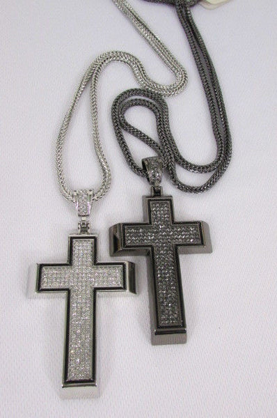 Pewter / Silver Metal Chains Long Necklace Boarded Cross Pendant New Men Hip Hop Fashion - alwaystyle4you - 7