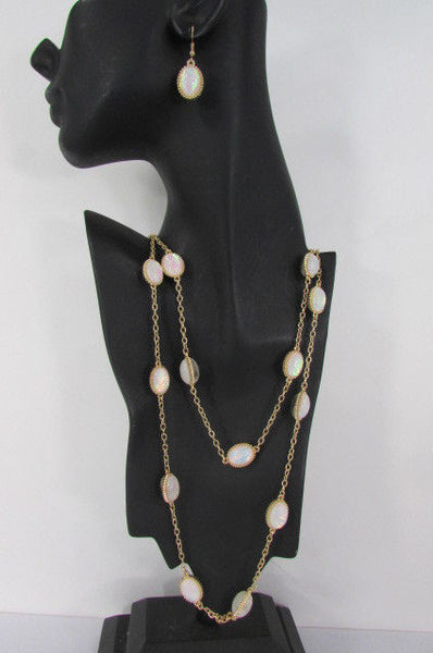 Extra Long Gold Chains Shiny Cream Beads Fashion Necklace + Earrings Set New Women 26" - alwaystyle4you - 6