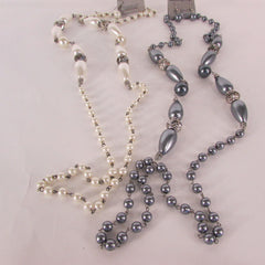Long Imitations Pearls Necklace Small Gray Beads Beige Silver Color + Earrings Set New Women Fashion - alwaystyle4you - 2
