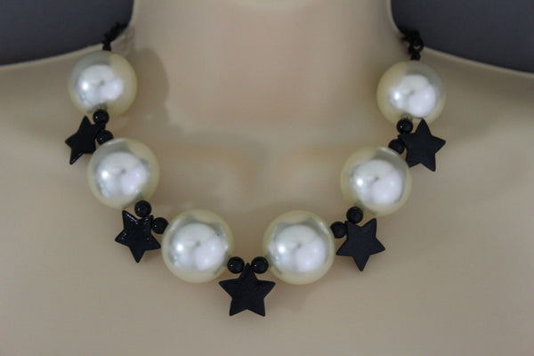 Black / Silver / Gold / Red / White Metal Stars Ball Beads Short Ivory Necklace + Earring Set New Women Fashion Jewelry - alwaystyle4you - 6