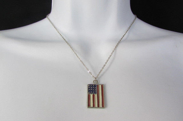 USA American Flag Star/Square/Heart Silver Metal Necklace + Matching Earring Set New Women - alwaystyle4you - 27