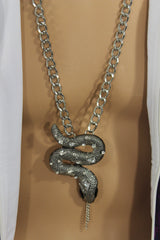 Chunky Silver Metal Chain Links Long Necklace Huge Snake Pendant 3D New Men Fashion Style - alwaystyle4you - 4