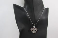 Silver Metal Fleur De Lis Lily Flower Bull Colorfull Rhinestones/ Silver Necklace New Women Fashion - alwaystyle4you - 2