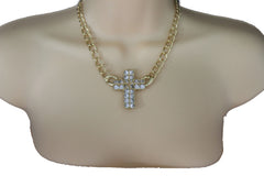 Short Gold / Silver Metal Chains Cross Pendant Necklace + Earring Set New Women Fashion Jewelry - alwaystyle4you - 3