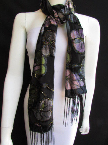 Black Long Fabric Neck Scarf Metallic Big Flowers Faux Velvet New Women Fashion Fashion - alwaystyle4you - 1