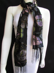 Black Long Fabric Neck Scarf Metallic Big Flowers Faux Velvet Women Fashion Fashion - alwaystyle4you - 1