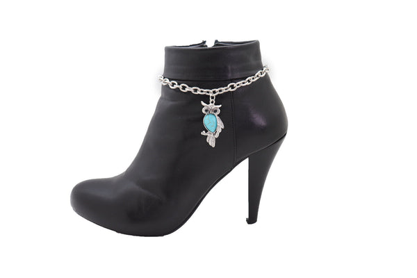 Brand New Women Silver Metal Chains Boot Bracelet Western Shoe Turquoise Owl Charm Jewelry