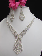 Silver Metal Tie Geometric Design Rhinestone Necklace + Earrings Set  New Women Fashion - alwaystyle4you - 2
