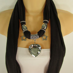 Pink Bowen Soft Fabric Scarf Necklace Silver Big Heart Crystal Stars Pendant New Women Fashion - alwaystyle4you - 1
