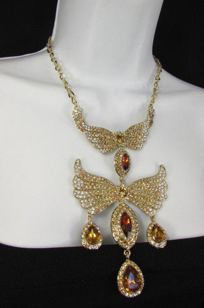 Metal Flying Wings Gold Silver Rhinestones Necklace + Earrings set New Women Fashion - alwaystyle4you - 26