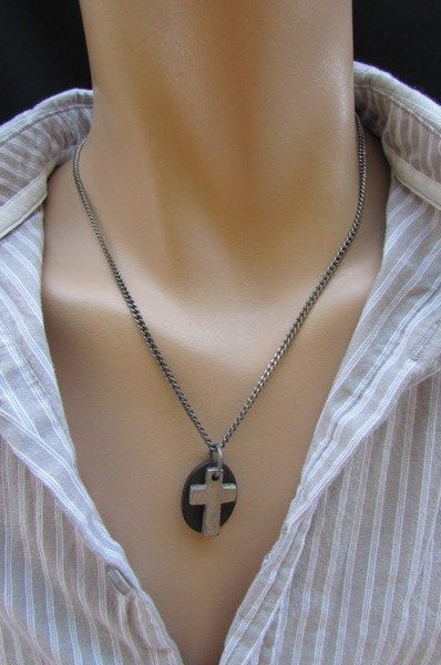 Rusty Silver / Silver Fashion Necklace Chunky Thick Chain Links Cross Pendant Back Oval Platefashion necklace pendant - alwaystyle4you - 22