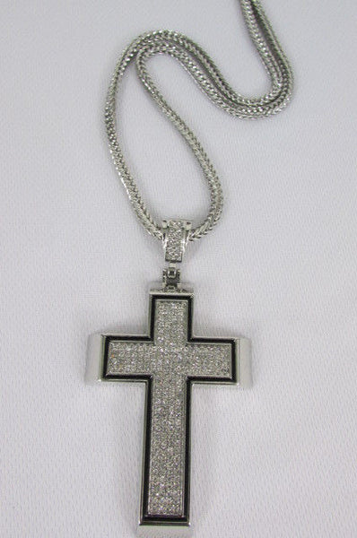 Pewter / Silver Metal Chains Long Necklace Boarded Cross Pendant New Men Hip Hop Fashion - alwaystyle4you - 26