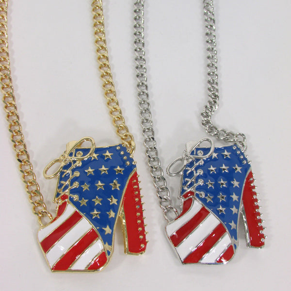 Large Metal High Heels Shoes Pendant Fashion Chains Gold / Silver Rhinestones American Flag USA Stars Necklace + Earrings Set - alwaystyle4you - 24