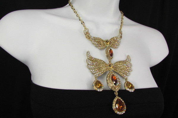 Metal Flying Wings Gold Silver Rhinestones Necklace + Earrings set New Women Fashion - alwaystyle4you - 27