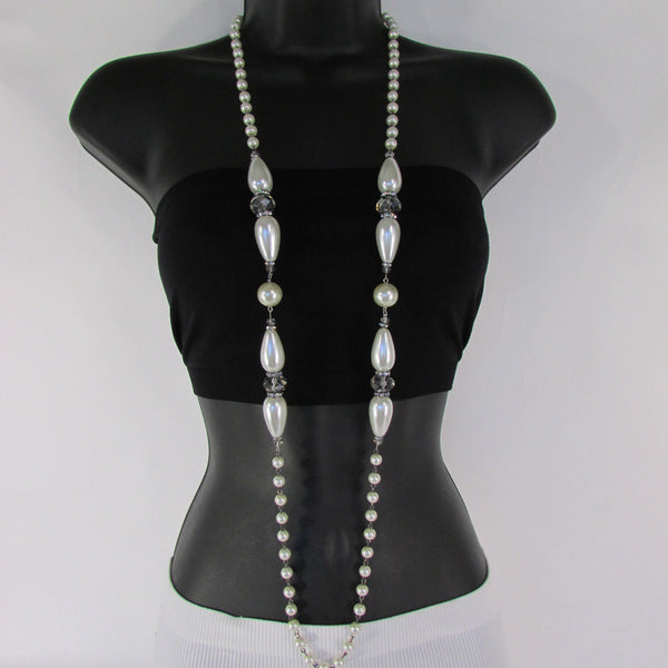 Long Imitations Pearls Necklace Small Gray Beads Beige Silver Color + Earrings Set New Women Fashion - alwaystyle4you - 23