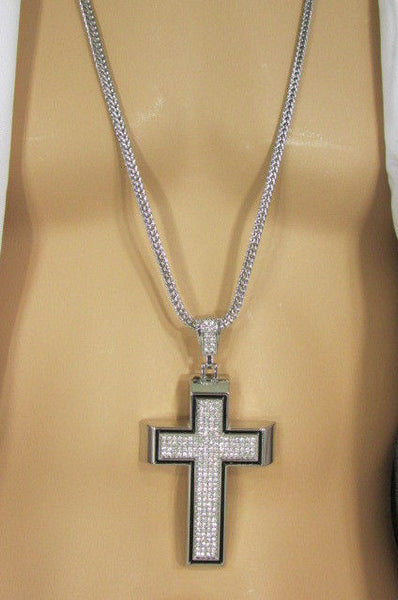 Pewter / Silver Metal Chains Long Necklace Boarded Cross Pendant New Men Hip Hop Fashion - alwaystyle4you - 28
