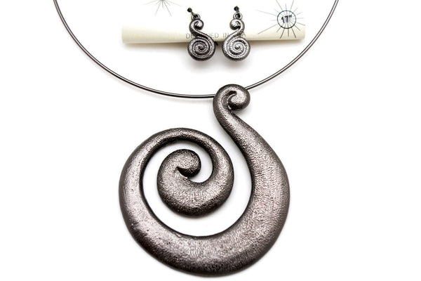 Silver / Pewter Black Choker Thin Metal Snail Spin Swirl Charm Necklace + Earrings Set New Women Fashion Jewelry - alwaystyle4you - 23