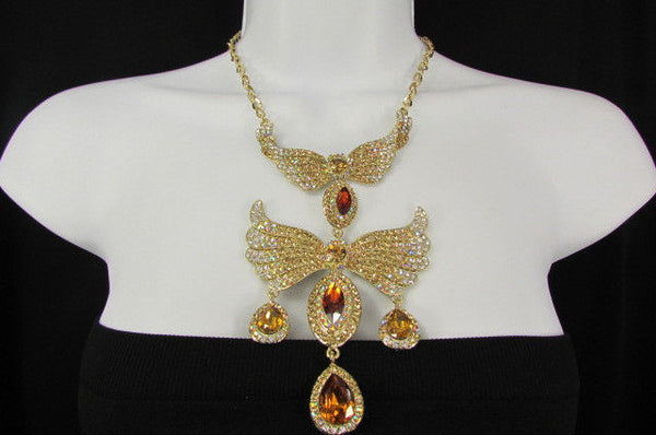 Metal Flying Wings Gold Silver Rhinestones Necklace + Earrings set New Women Fashion - alwaystyle4you - 28