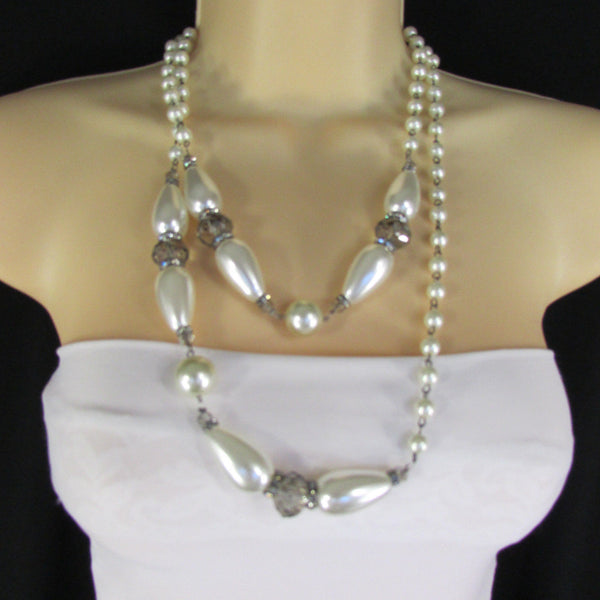 Long Imitations Pearls Necklace Small Gray Beads Beige Silver Color + Earrings Set New Women Fashion - alwaystyle4you - 24