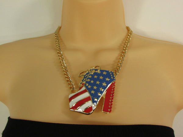 Large Metal High Heels Shoes Pendant Fashion Chains Gold / Silver Rhinestones American Flag USA Stars Necklace + Earrings Set - alwaystyle4you - 27