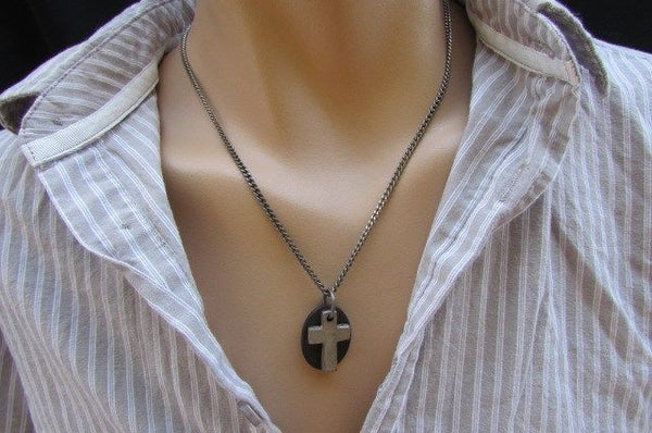 Rusty Silver / Silver Fashion Necklace Chunky Thick Chain Links Cross Pendant Back Oval Platefashion necklace pendant - alwaystyle4you - 25