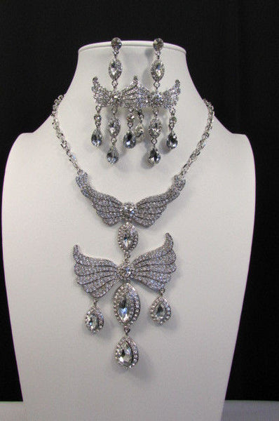 Metal Flying Wings Gold Silver Rhinestones Necklace + Earrings set New Women Fashion - alwaystyle4you - 30