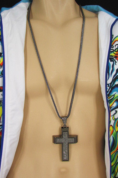 Pewter / Silver Metal Chains Long Necklace Boarded Cross Pendant New Men Hip Hop Fashion - alwaystyle4you - 30