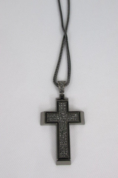 Pewter / Silver Metal Chains Long Necklace Boarded Cross Pendant New Men Hip Hop Fashion - alwaystyle4you - 31