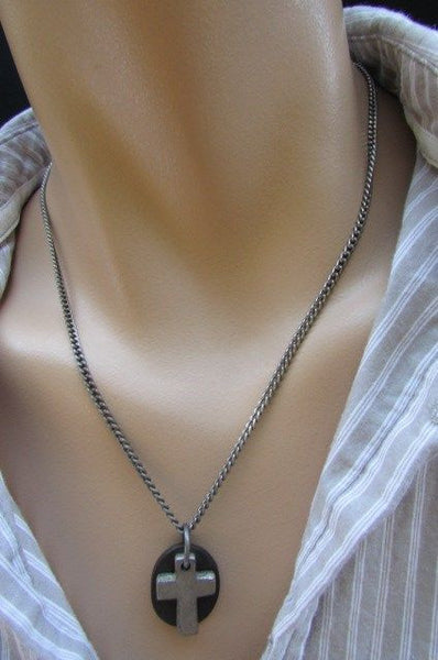 Rusty Silver / Silver Fashion Necklace Chunky Thick Chain Links Cross Pendant Back Oval Platefashion necklace pendant - alwaystyle4you - 27