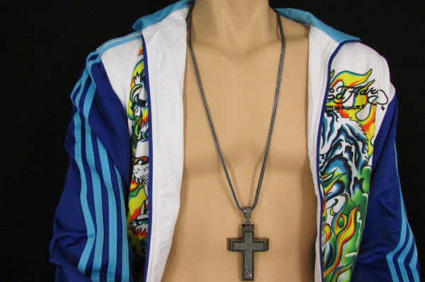 Pewter / Silver Metal Chains Long Necklace Boarded Cross Pendant New Men Hip Hop Fashion - alwaystyle4you - 32