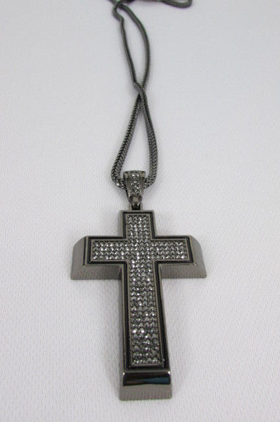 Pewter / Silver Metal Chains Long Necklace Boarded Cross Pendant New Men Hip Hop Fashion - alwaystyle4you - 33