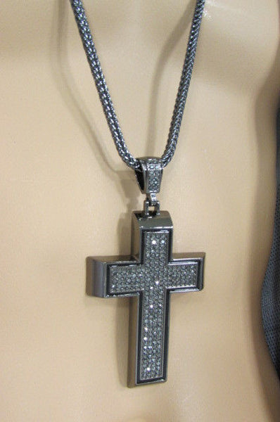 Pewter / Silver Metal Chains Long Necklace Boarded Cross Pendant New Men Hip Hop Fashion - alwaystyle4you - 34