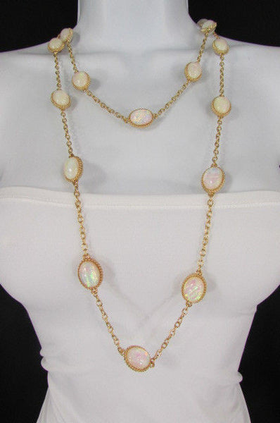 Extra Long Gold Chains Shiny Cream Beads Fashion Necklace + Earrings Set New Women 26" - alwaystyle4you - 7