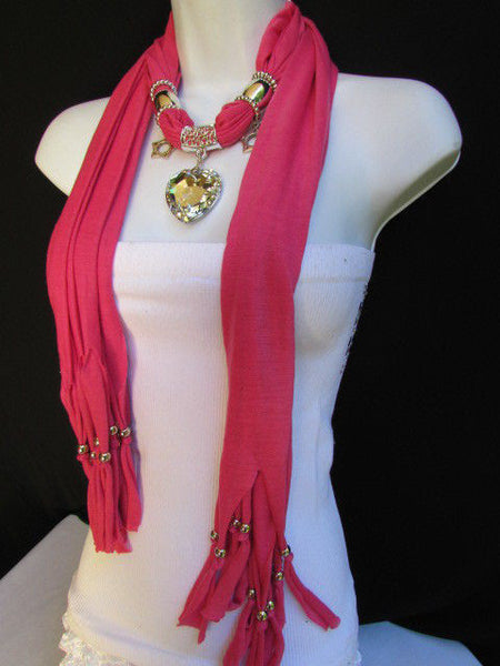 Pink Bowen Soft Fabric Scarf Necklace Silver Big Heart Crystal Stars Pendant New Women Fashion - alwaystyle4you - 15