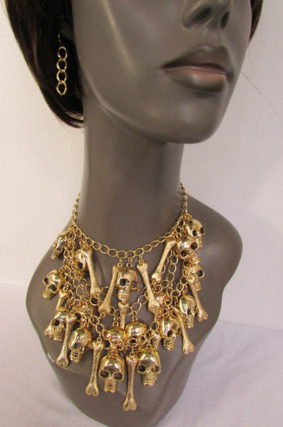Gold Chains Skulls Strands Skeleton Bones Necklace + Earrings Set New Women Fashion - alwaystyle4you - 10
