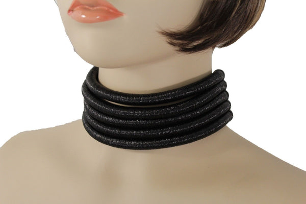 Black Short Fabric Wide 5 Strands Sexy Choker Necklace Earring Set New Women Fashion Accessories