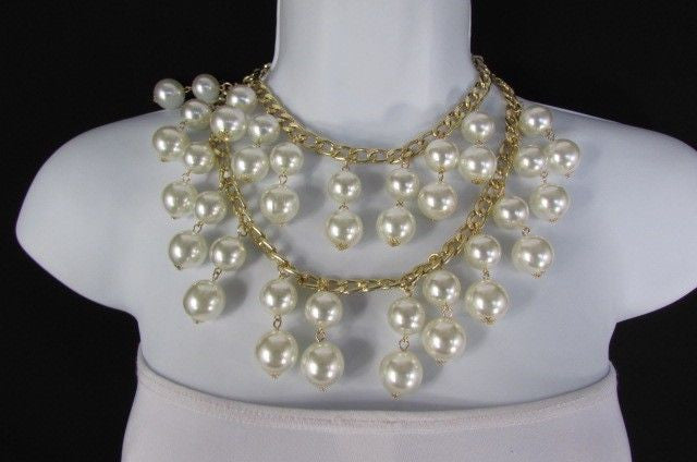 Gold Metal Long Double Chains 2 Strands Big Pearl Beads Women - alwaystyle4you - 1