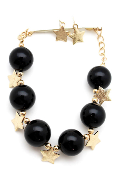 Black / Silver / Gold / Red / White Metal Stars Ball Beads Short Ivory Necklace + Earring Set New Women Fashion Jewelry - alwaystyle4you - 19