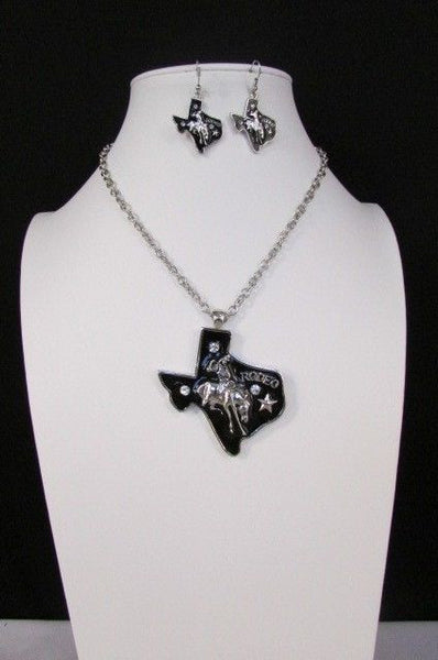 Long Silver Chains Big Black Texas Rodeo Horse Pendant Necklace + Earrings Set New Women - alwaystyle4you - 8