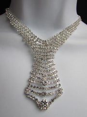 Silver Metal Tie Geometric Design Rhinestone Necklace + Earrings Set  New Women Fashion - alwaystyle4you - 3