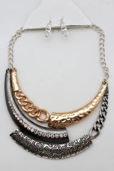 Gold Black / Silver Black Metal Plate Half Moon Necklace Chains + Earrings Set New Women Fashion Jewelry - alwaystyle4you - 3