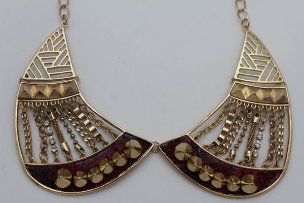 Bronze / Gold Short Bib Metal Chains Collar Spikes Necklace + Earrings Set New Women Fashion Jewelry - alwaystyle4you - 4
