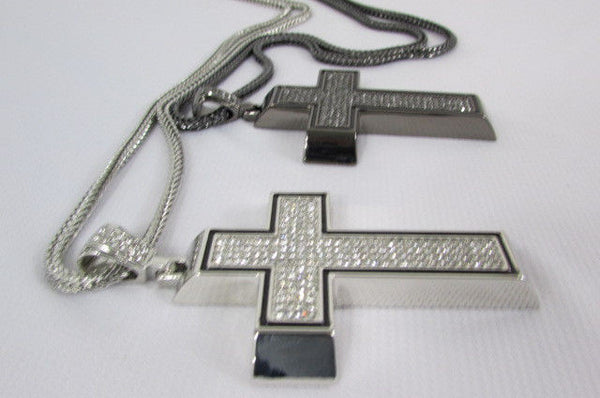 Pewter / Silver Metal Chains Long Necklace Boarded Cross Pendant New Men Hip Hop Fashion - alwaystyle4you - 8