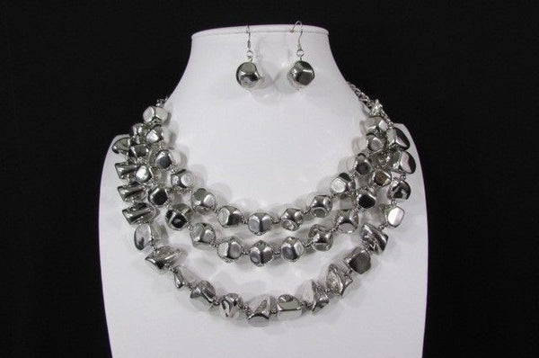 Long Shiny Silver Plastic Beads 3 Strands Fashion Necklace + Earring Set New Women - alwaystyle4you - 8
