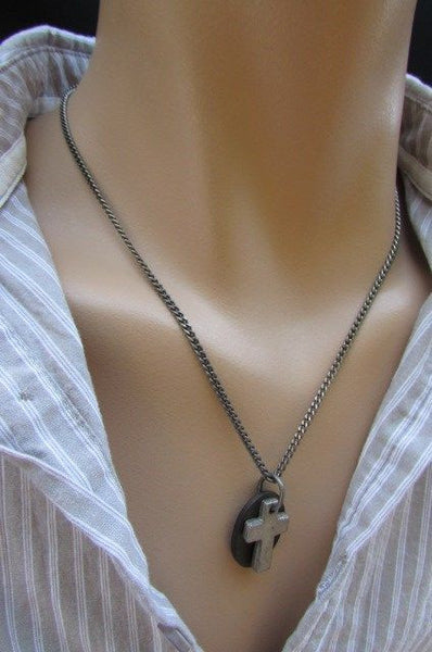 Rusty Silver / Silver Fashion Necklace Chunky Thick Chain Links Cross Pendant Back Oval Platefashion necklace pendant - alwaystyle4you - 32