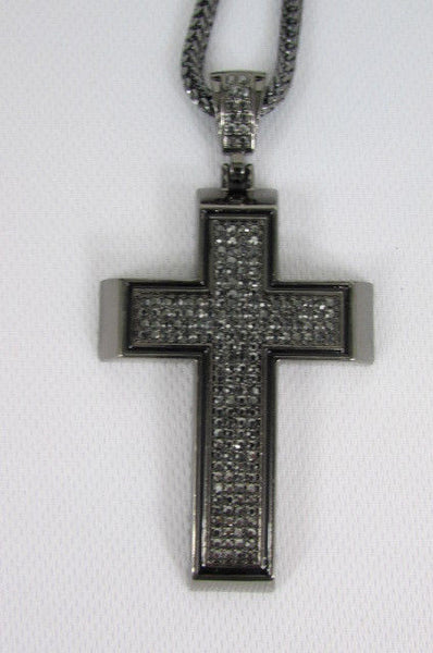 Pewter / Silver Metal Chains Long Necklace Boarded Cross Pendant New Men Hip Hop Fashion - alwaystyle4you - 36