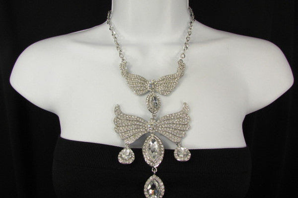 Metal Flying Wings Gold Silver Rhinestones Necklace + Earrings set New Women Fashion - alwaystyle4you - 36